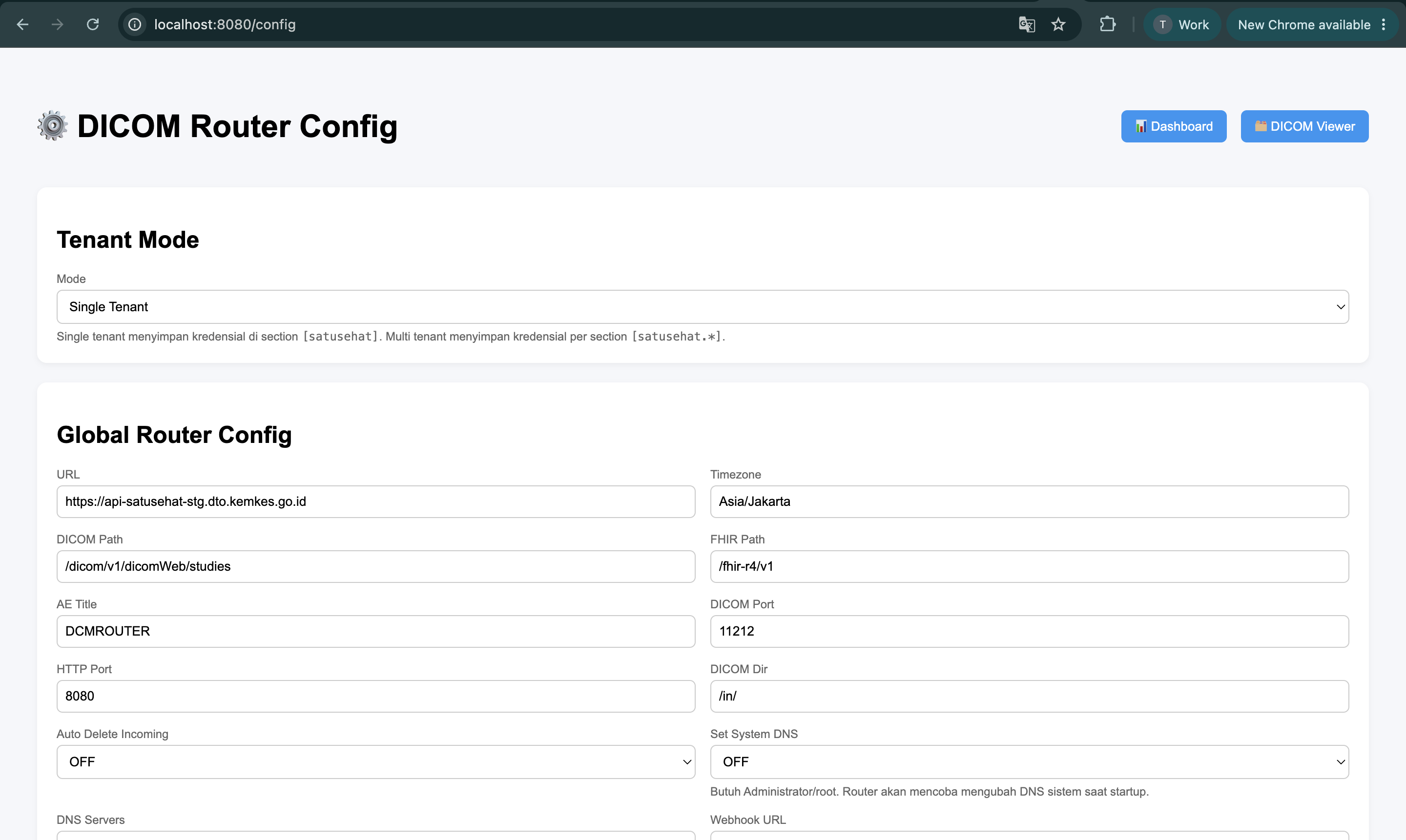 Tampilan Web UI DICOM Router